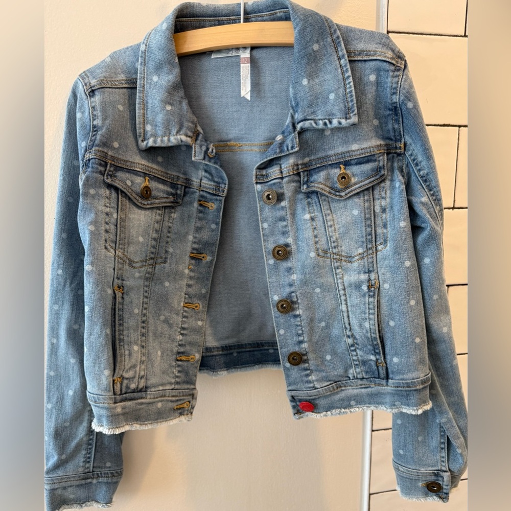 Matilda Jane Girls Polka Dot Denim Jacket Sz 12 euc
